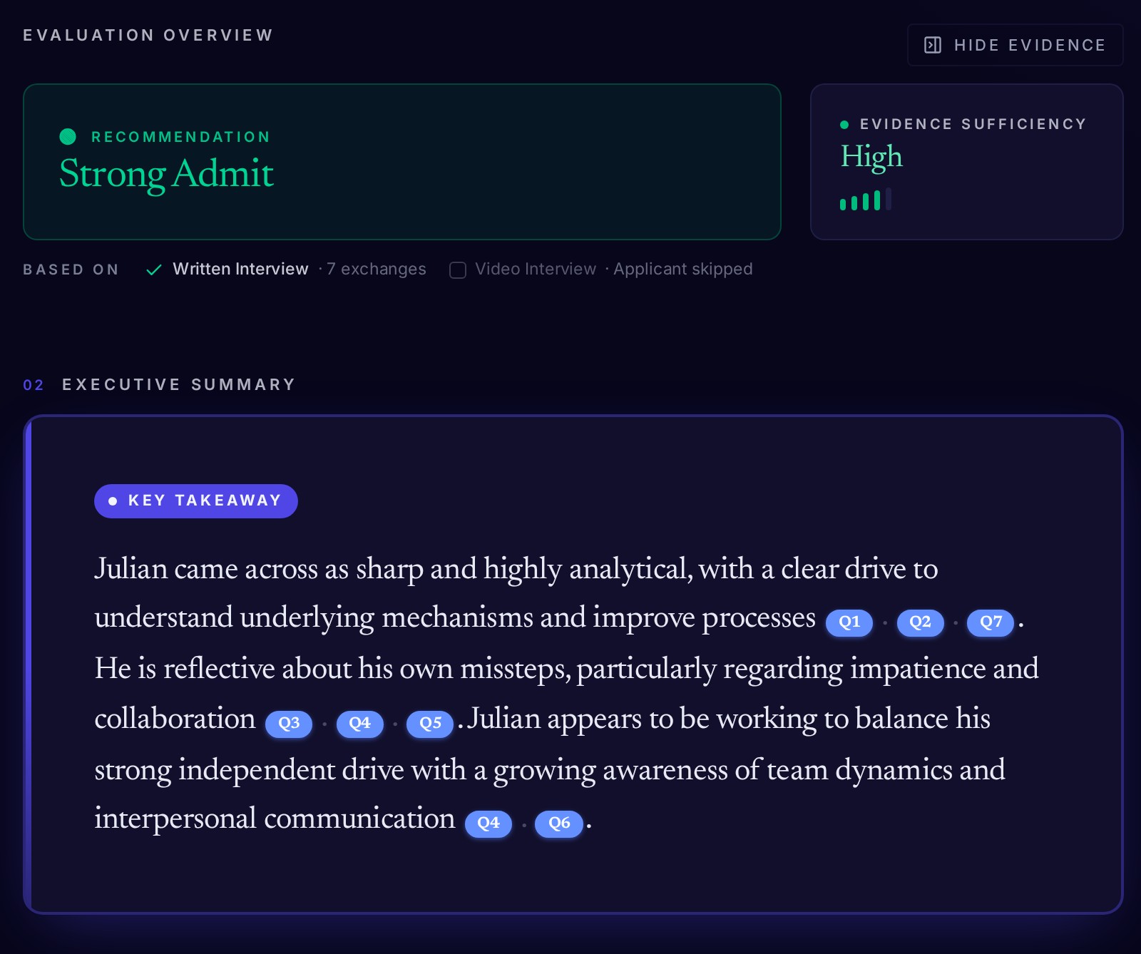 Julian Okafor's evaluation report: Strong Admit recommendation, high evidence sufficiency, and an executive summary linked to specific interview questions